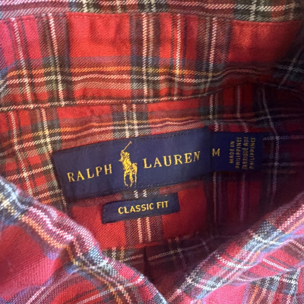 Ralph Lauren Men's Red Tartan Plaid Polo Shirt Medium Cotton Button-Up Pony EUC - Picture 3 of 4